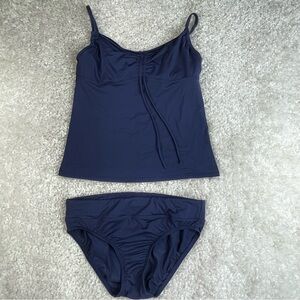 Lands End Tankini Set Navy Blue Sz 8 Cinch Ruched Vacation Beach Cruise Swim